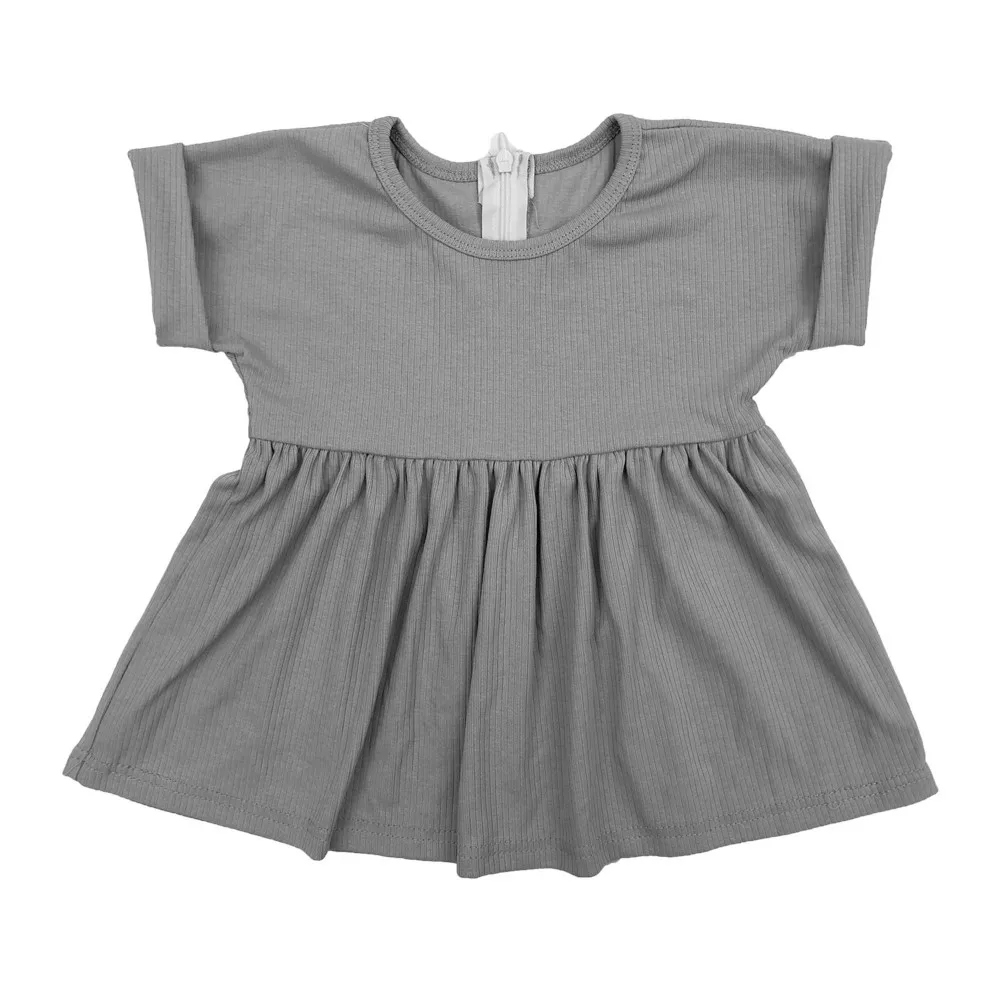 Summer high quality girls dresses solid color short sleeve knitted ribbed cotton zipper dress kids clothes