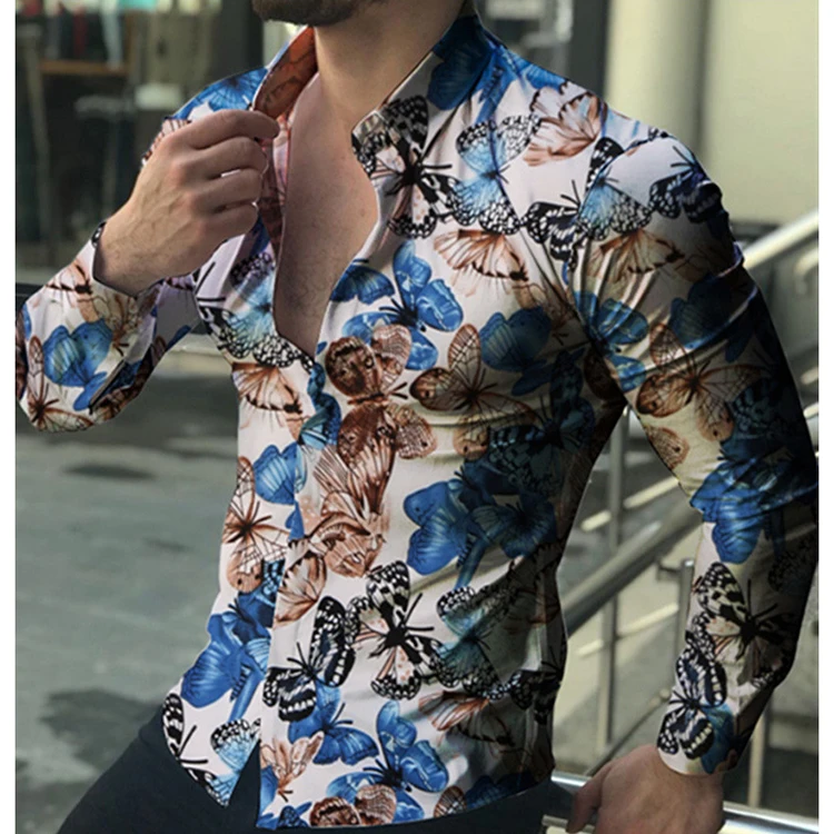 Men Long Sleeve Flower Printing Casual Hawaiian Shirts