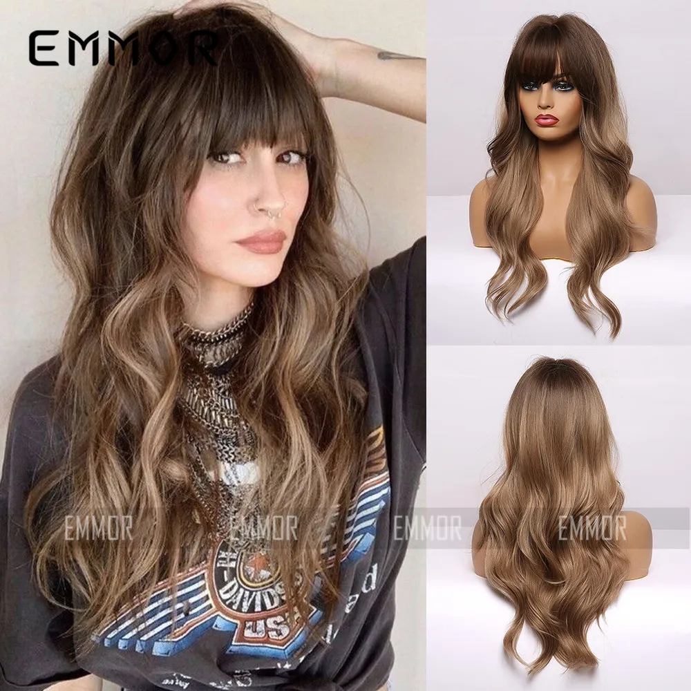 Popular Artificial Wigs In Europe And America Black Brown Straight Bangs With Long Curly Hair For Women Synthetic Wig