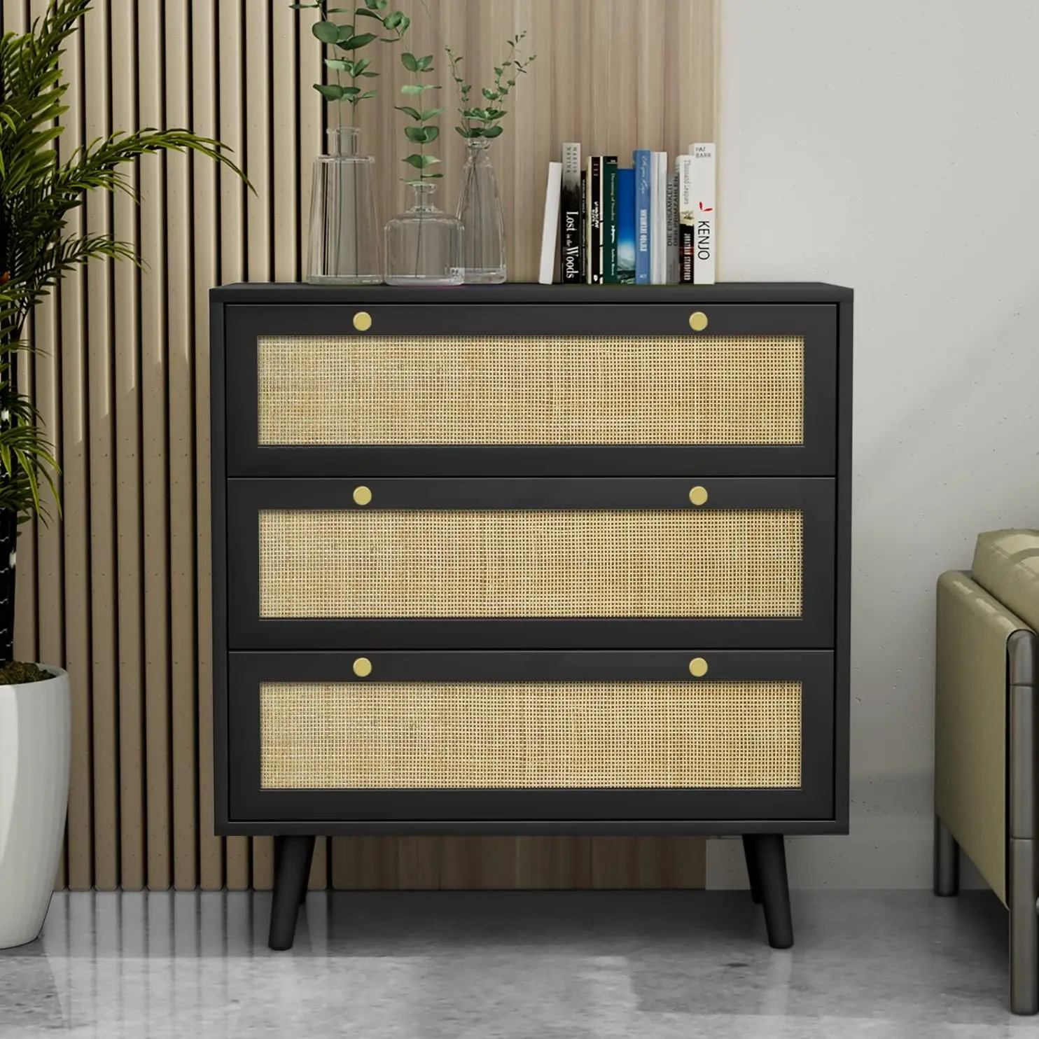FONDLIVE Modern Black Wood 3 Drawer Spacious Storage Rattan Dresser for Bedroom