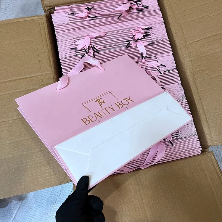 PINK hair bags for bundles pink Top Quality Luxury White Foldable Paper Shopping Bag Custom Logo