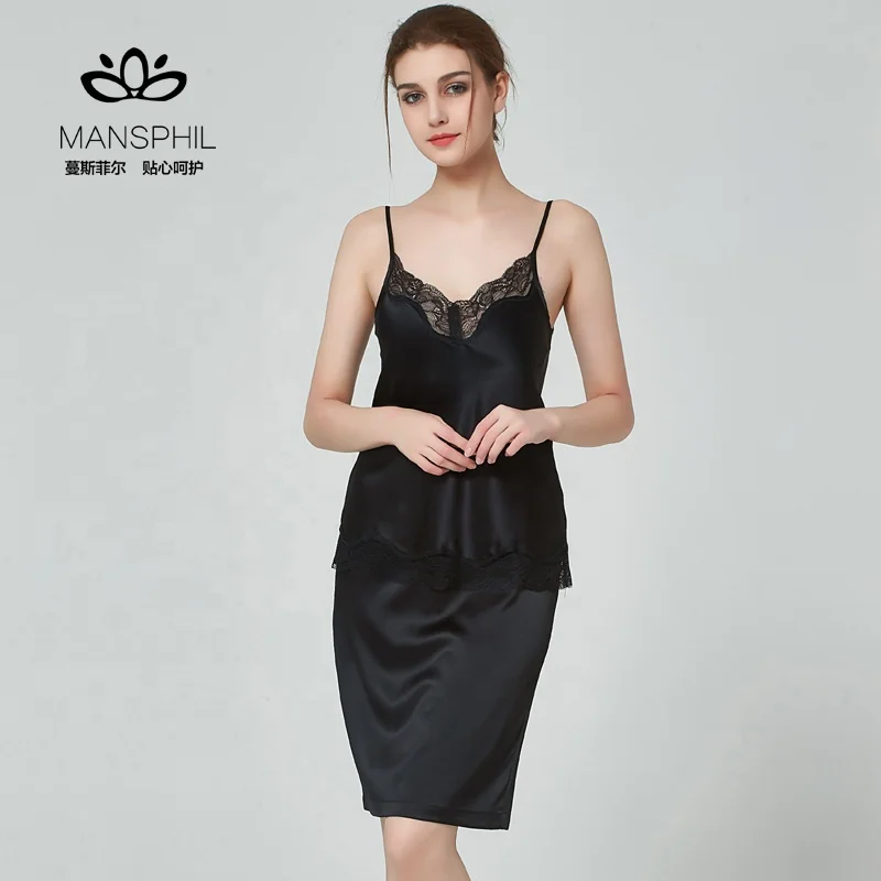 100 Silk Spaghetti top camisole and skirt PJ Set Homewear Sleepwear with  Lace Trimming
