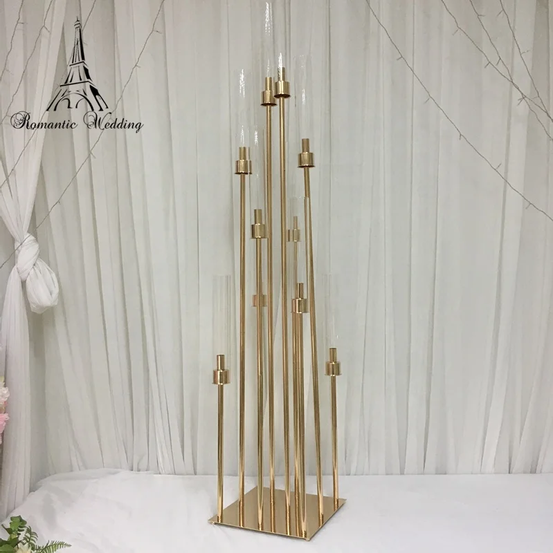 10 Heads 120cm Tall Gold Metal Square Base Candle Holder with glass lampshade Wedding Home Decor Metal Candlestick