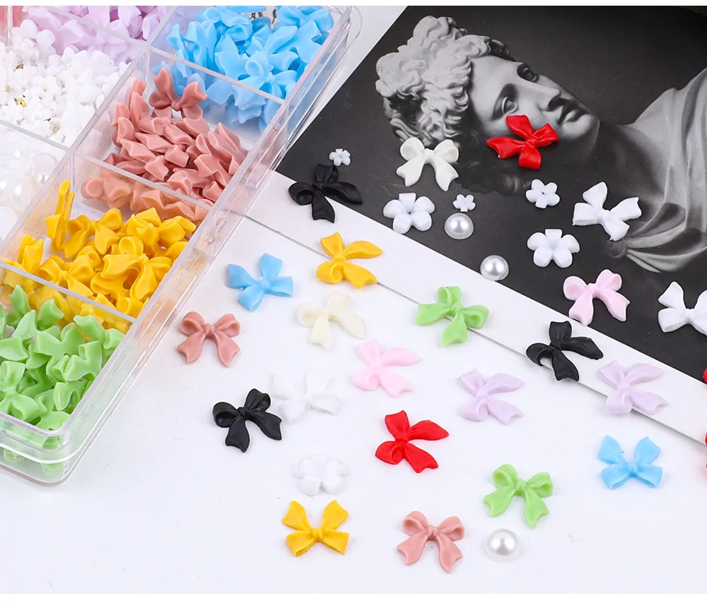 12-Grid Ribbon Bow Tie Christmas White and Red Resin Bow Nail Art Accessories Mixed Set DIY