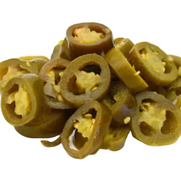 Sliced Green Jalapeno pepper preserved in brine ready for eat as appetizer  made in Egypt all packages you need
