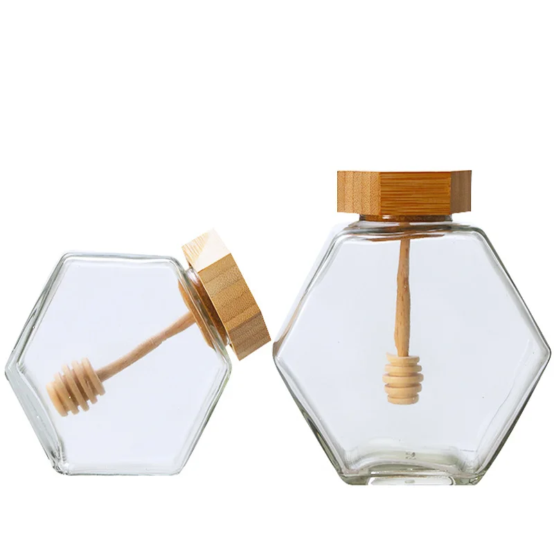Wholesale 80ml 180ml Hexagon Container Storage Glass Honey Jar With Bamboo Lid