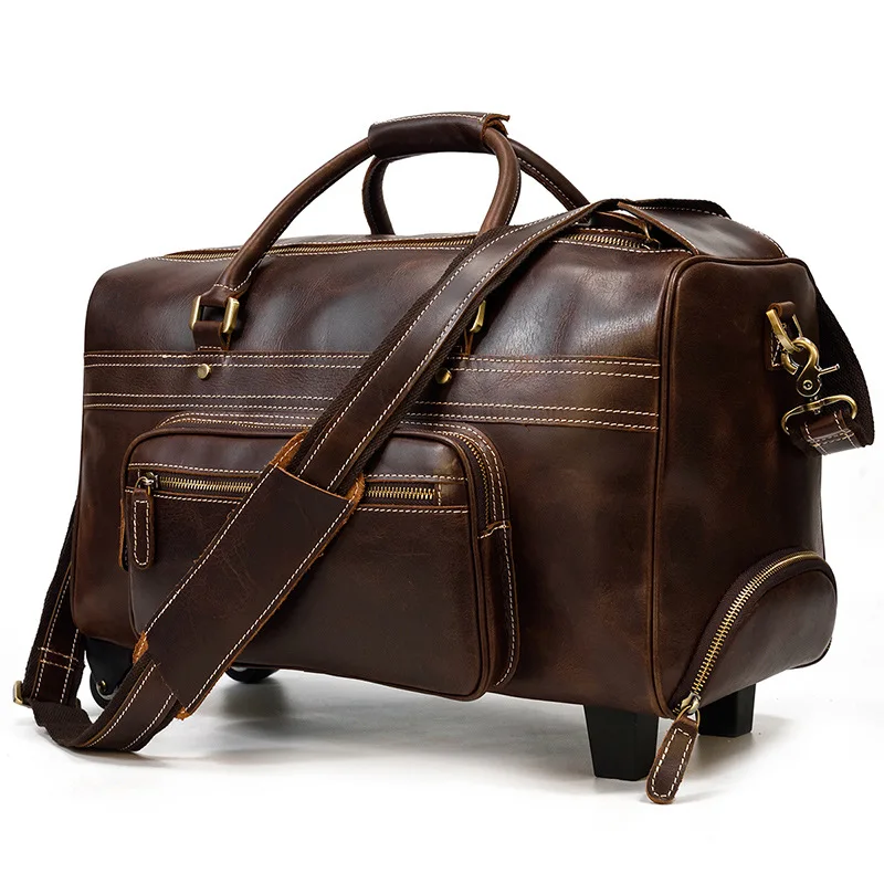 Travel Luggage Full Grain Cowhide Le Hide Leather Trolley Bag Custbenzeather Wheeled Rolling Duffel Bag for Men Customized Solid