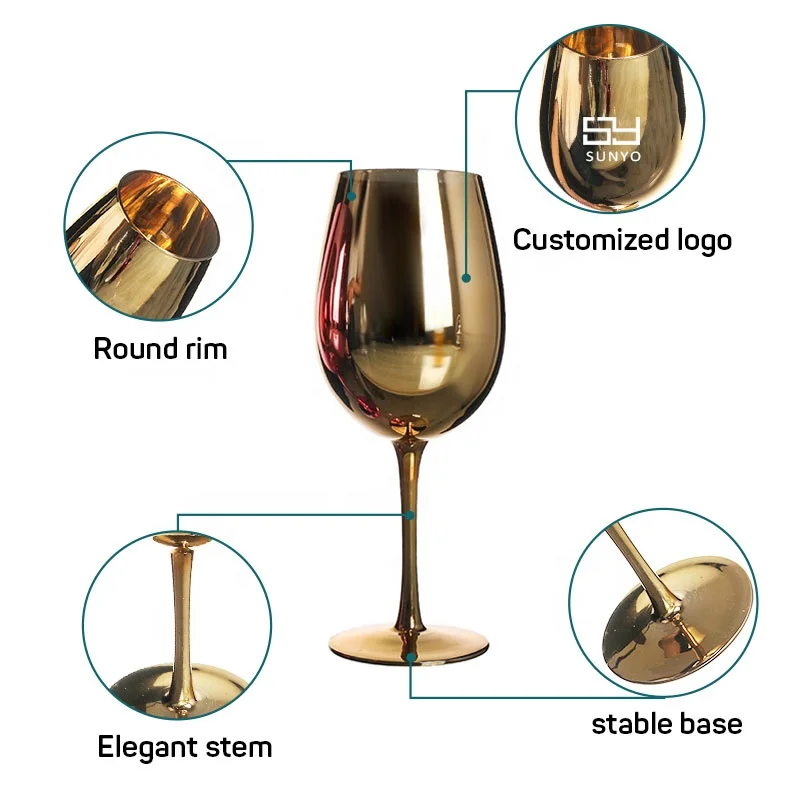 Custom Logo Party Wedding Colored Rose Gold Electroplated Mirror Goblet Wine Glass