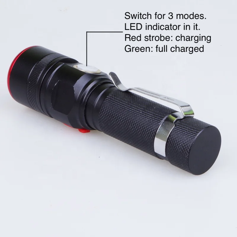Popular 3 Modes Zoomable Aluminium T6 USB Rechargeable Led Tactical Flashlight With Clip