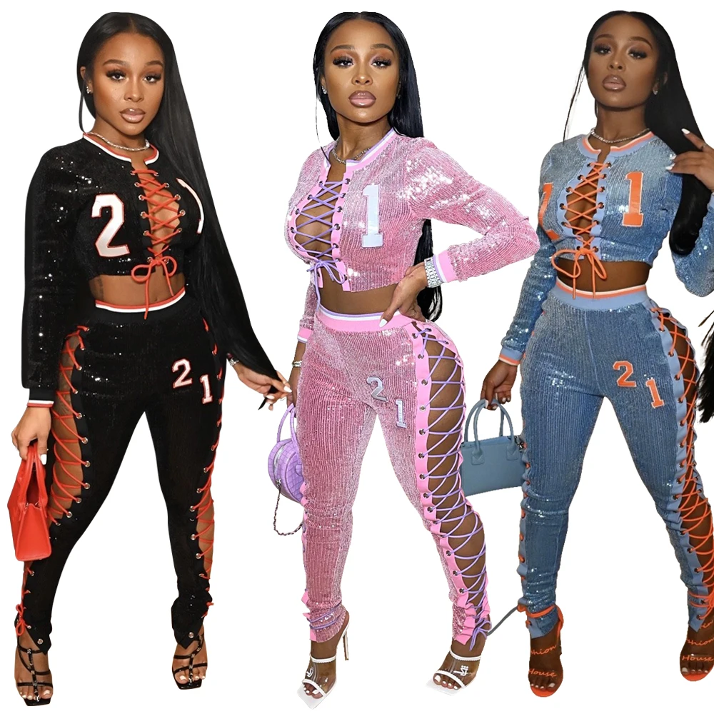 2022 New Arrivals Floral Print Sequin Hollow Out 2 Two Piece Yoga Set Sweater Women Long Sleeve Sexy Bandage Pants Sets