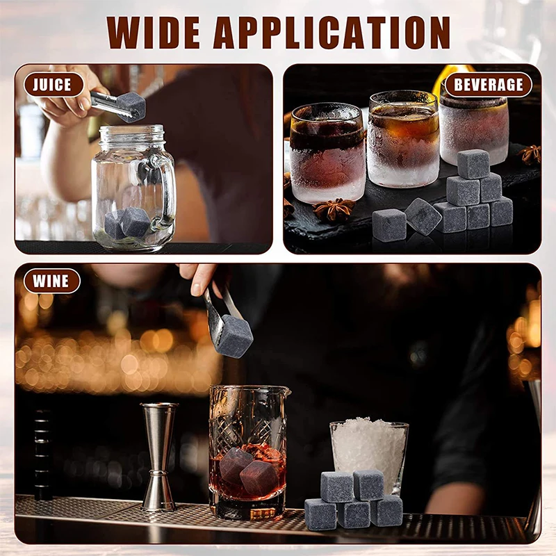 Present Whiskey Chilling Ice Cube Rocks Stone And Pouch Set 9 Pcs Whisky Granite Stone Gift Set