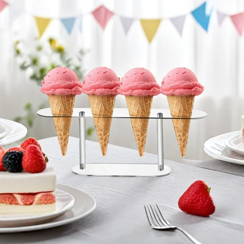 Custom Modern 4 Hole Clear  Ice Cream Cone Acrylic Display Stand Holder For Wedding Birthday Hospitality Supplies Party