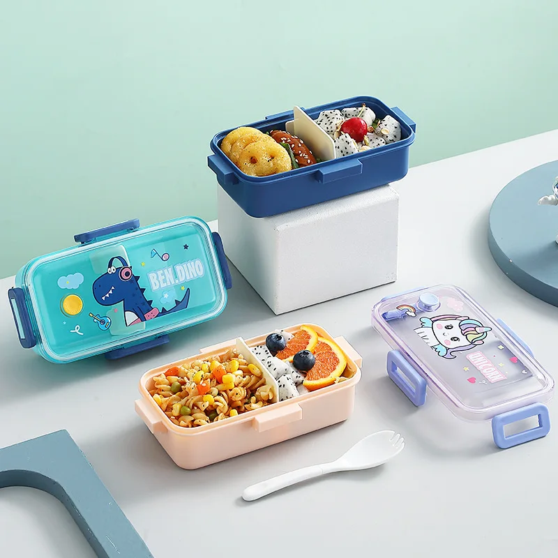 Plastic Lunch Box, Microwave-Safe Leak Proof Bento Box, 2 Compartments Cute Cartoon for Kids and Adults