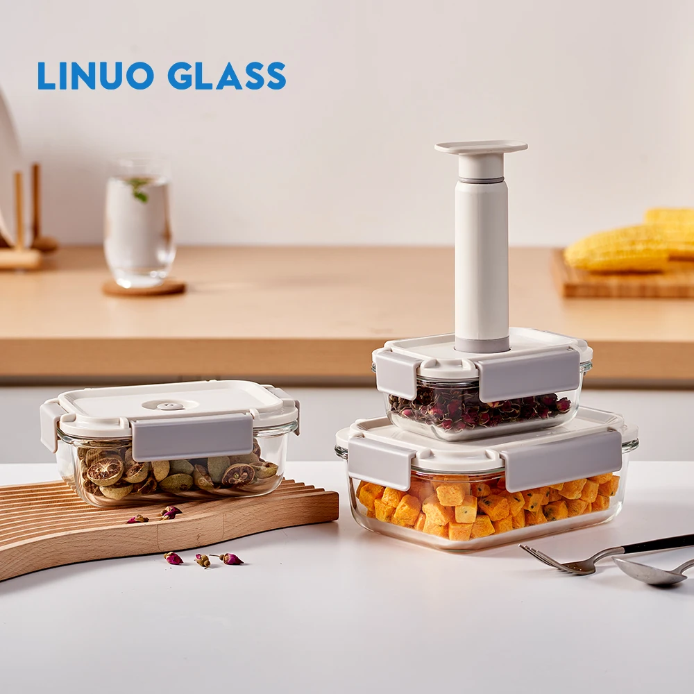 LINUO custom logo kitchen keep fresh meal prep box refrigerator food vacuum seal glass container pump for vacuum food