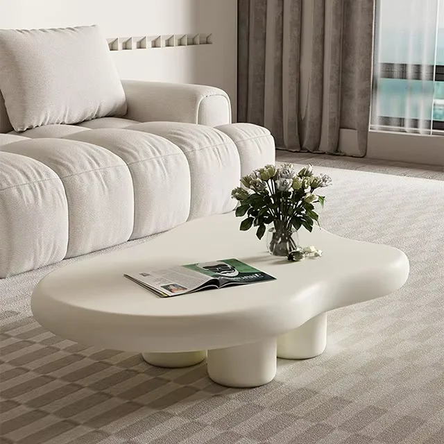 Modern Home Coffee Table Set Cream White Wavy Fiberglass Center Table Design For Living Room