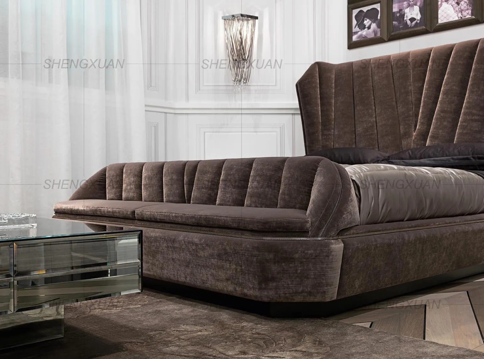 Master Bedroom Bed Room Set Queen Size Bedroom Furniture Modern Bed Design Upholstery Velvet Fabric Bed Frame