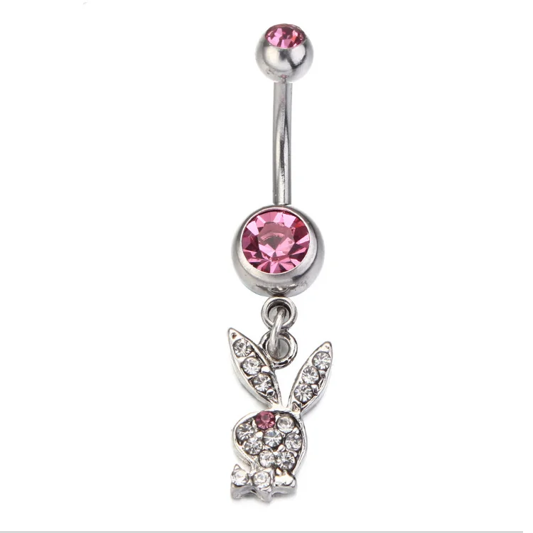 Hot Sale Medical Stainless Steel Small Pink Diamond Cute Bunny Navel Ring Dangling Clear Belly Button Piercing Jewelry