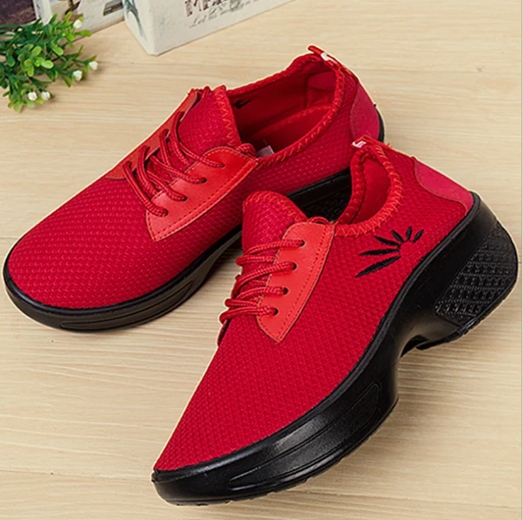 Wholesale red color light weight PU sole embroider logo women ladies dancing shoes fashion sneakers trainers