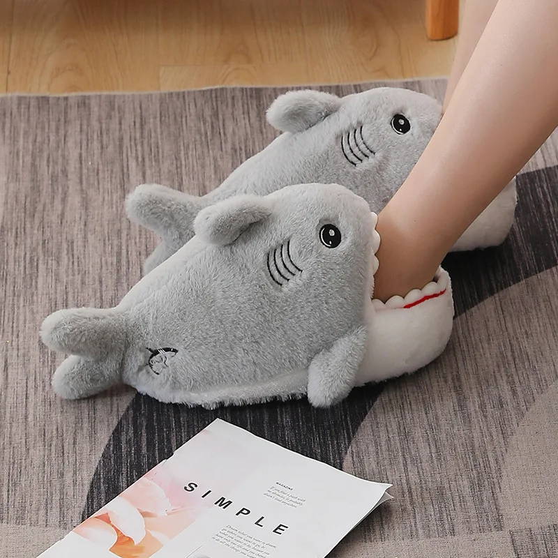 Funny Cartoon Cute Indoor Slippers Cotton Shoes Women Men Custom Plush Warm Shark Slippers In Winter