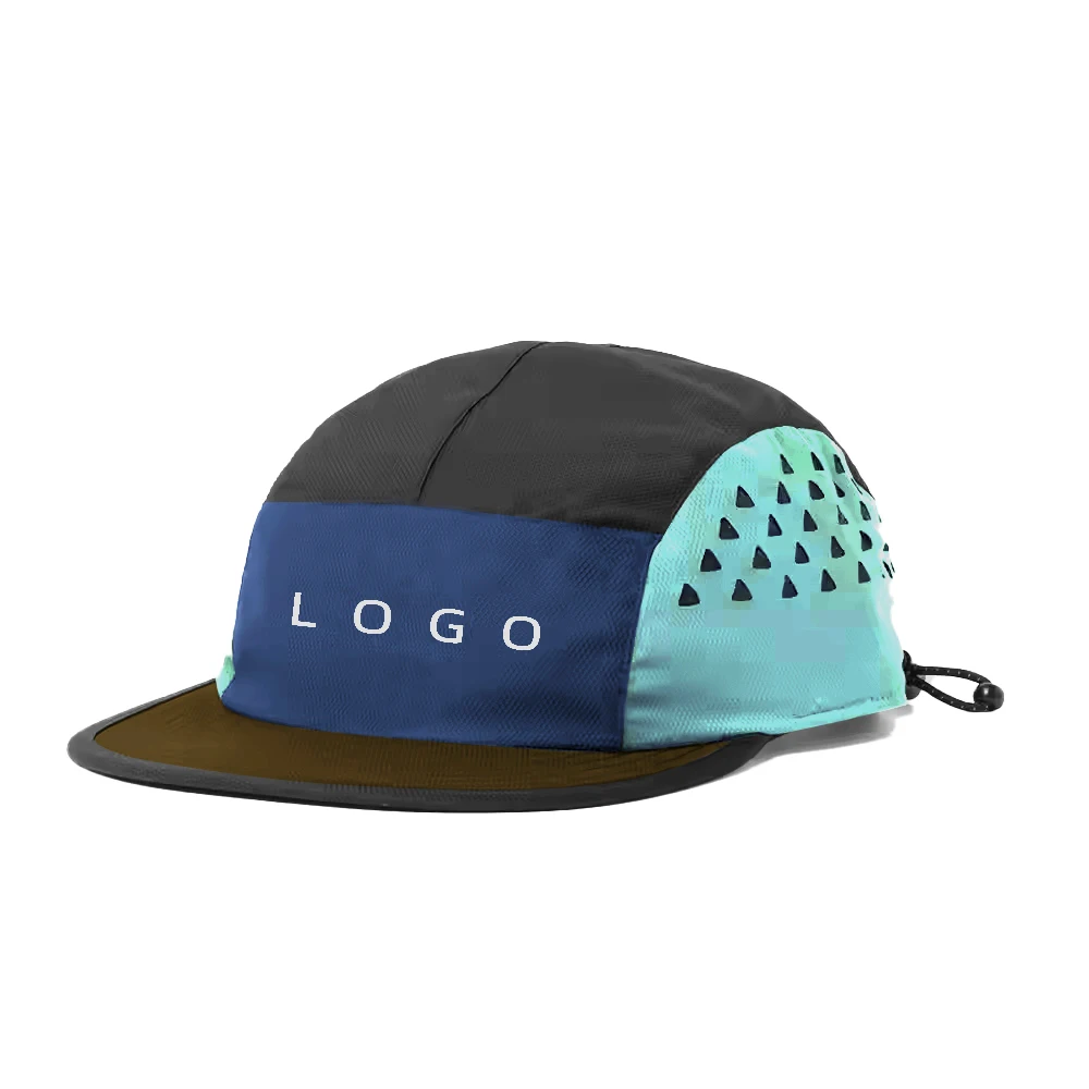 high quality custom print 3d embroidery LOGO 5 panel running hat cap waterproof polyester laser cut perforated camp cap