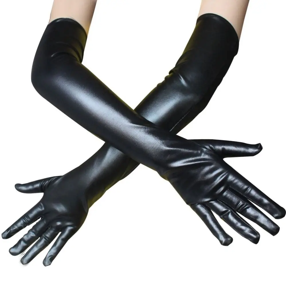 Sexy patent leather gloves Long cosplay clothing accessories Black tight gloves DS Pole dancing performance gloves