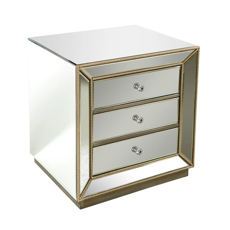 3 Drawer Mirrored Bedside Nightstand Table Wood and Glass Panel Living Room Furniture for Home and Bathroom Use