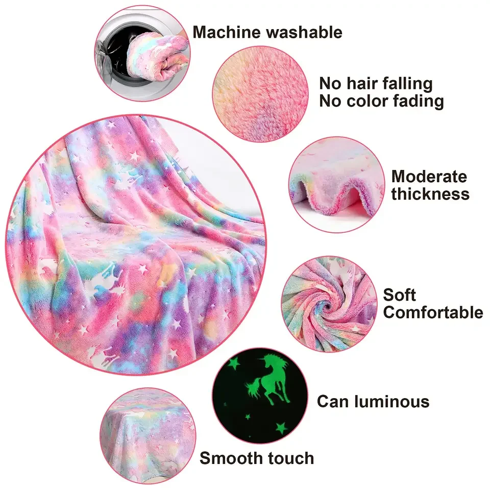 Custom Pink Luminous Unicorn Pattern Super Soft Plush Glow In The Dark  Fabric Throw Flannel Blanket For Boys Girls Kids