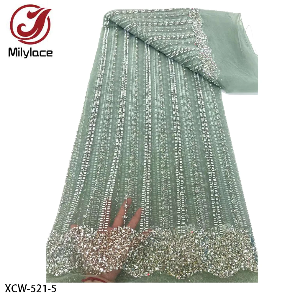 Hot Design Fabric Wholesale Beaded Sequined Lace Fabric Rhinestones Embroidery African Beaded Lace Fabric