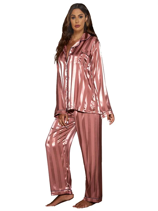 Hot Sale Women Autumn Long Pajamas Lapel Silk Satin Pajamas Two Piece Set Sleepwear Jacquard For Ladies Loungewear