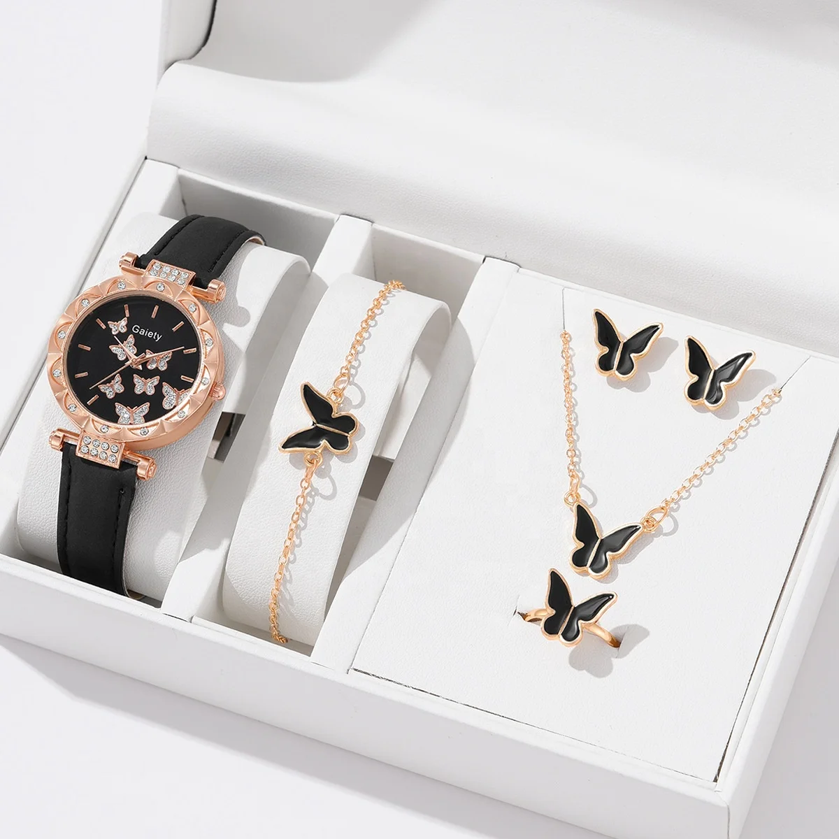 Beautiful Flower Dial Diamond Watch Women Leather Band Girls Watches 5pcs Butterfly Necklace Earring Jewelry Set