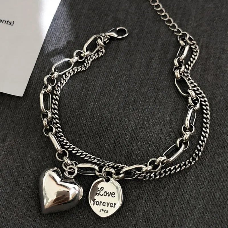 925 platinum-plated couple love letter double-layer bracelet female ins niche design Thai silver retro light luxury jewelry