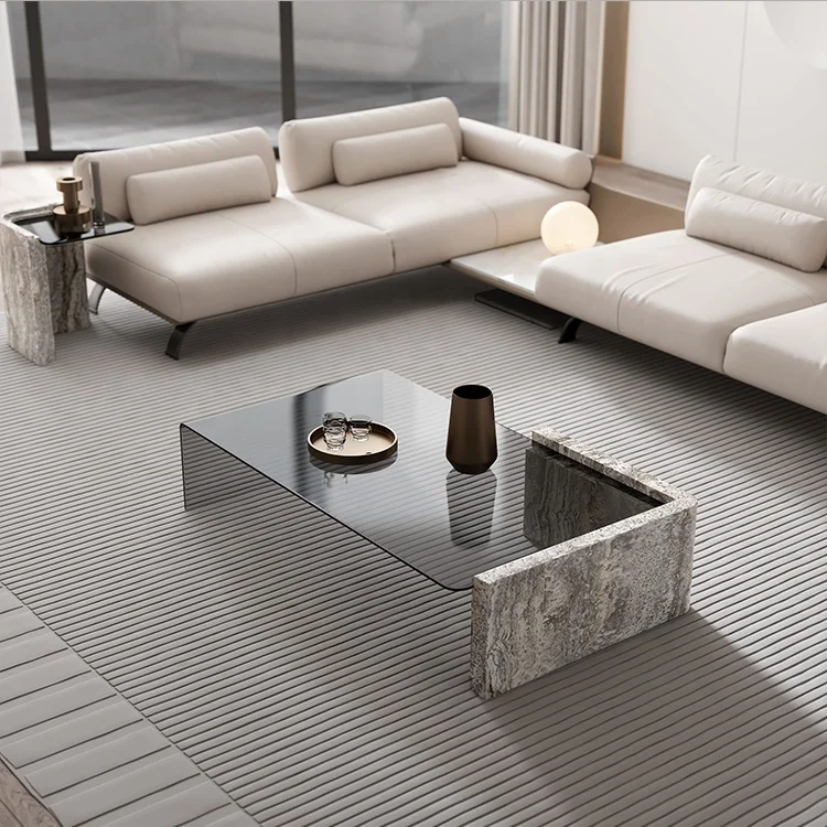 Modern  fancy glass coffee table living room natural stone and glass coffee table