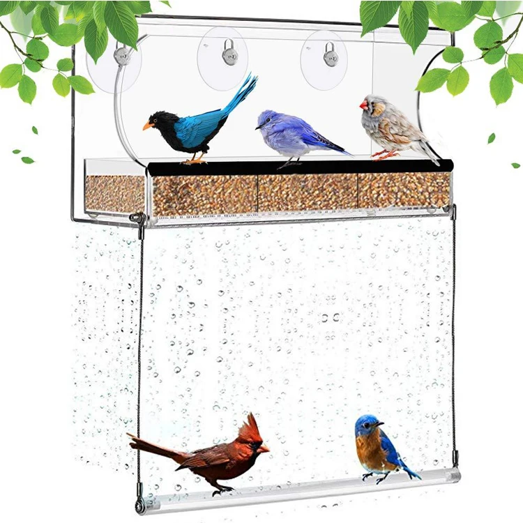 Transparent Bird Feeder Extra Strong Suction Cup Drainage Holes Wild Bird Feeder for Window