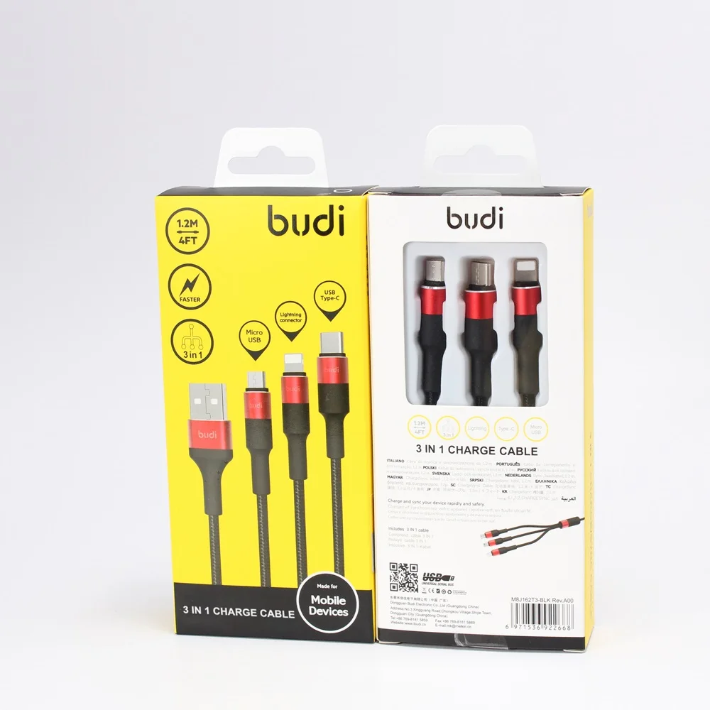 budi three in one 4ft nylon braided multi phone charger sync data usb cable 3 in 1 type-c/micro usb mobile phone charging cable