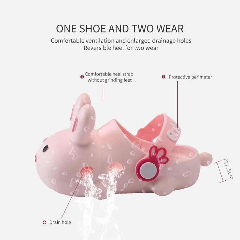 2022 New Summer Baby Sandals Cute 3D Cartoon Animal Rabbit Pattern Anti Slip PVC Beach Flat Garden Shoes Clog