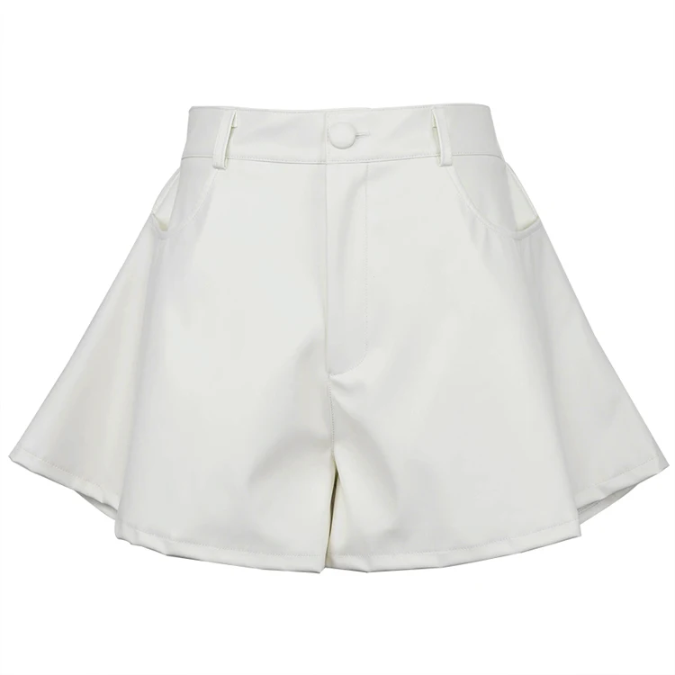 High Quality Fashion Loose White Women PU Leather Girls Shorts Casual Streetwear Pockets Ladies Shorts
