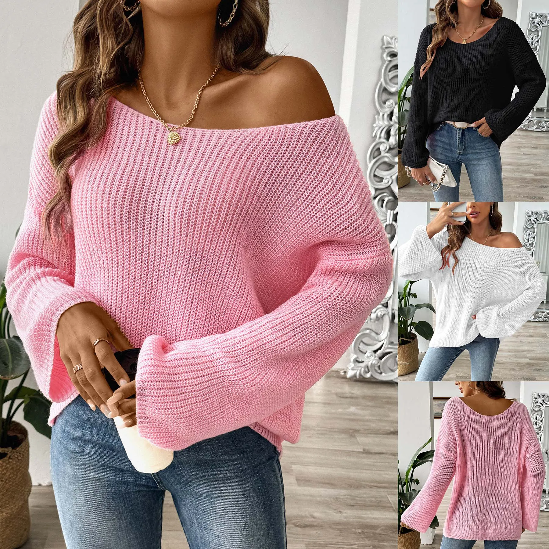 Manufacturing Fall winter Custom Logo Ladies Casual Sweater Women Boat Neck drop shoulder knitted Top Pullover Sweaters knitwear