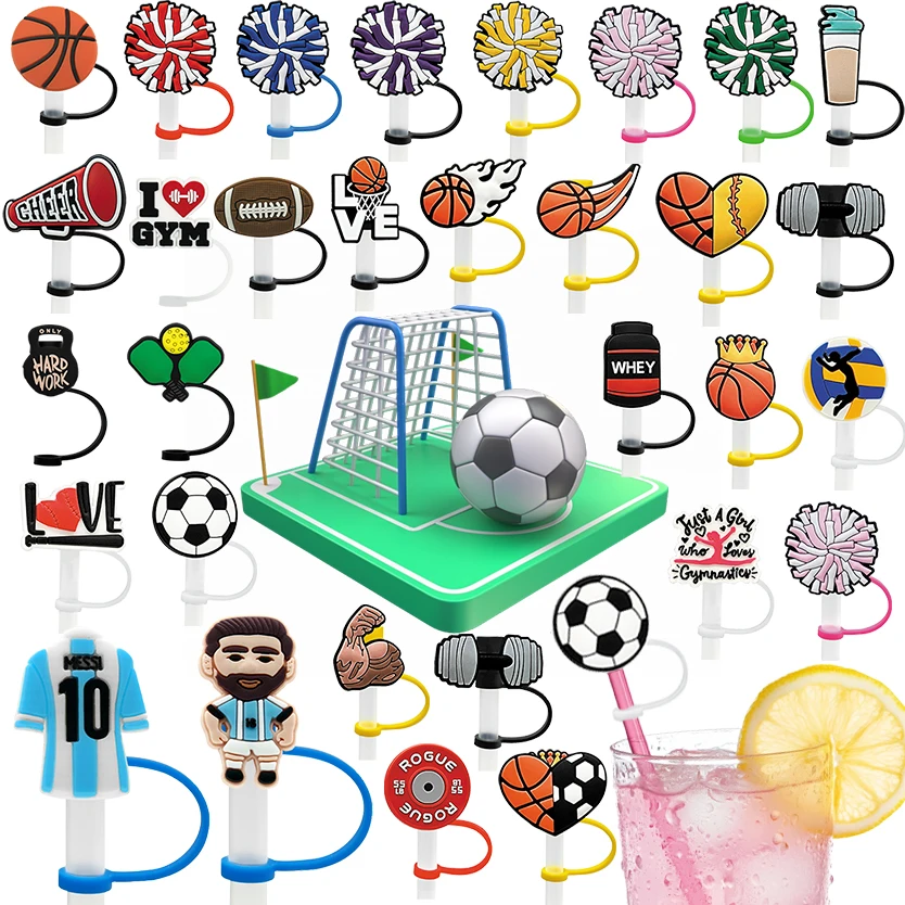 8mm best selling free design diy tumbler reusable dust-proof football logo silicone sports straw toppers