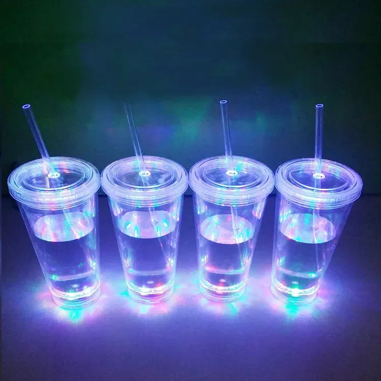 Light Up Clear Plastic Tumbler Glowing Cups  Double wall Plastic Water Cup with Straw for Night and Party
