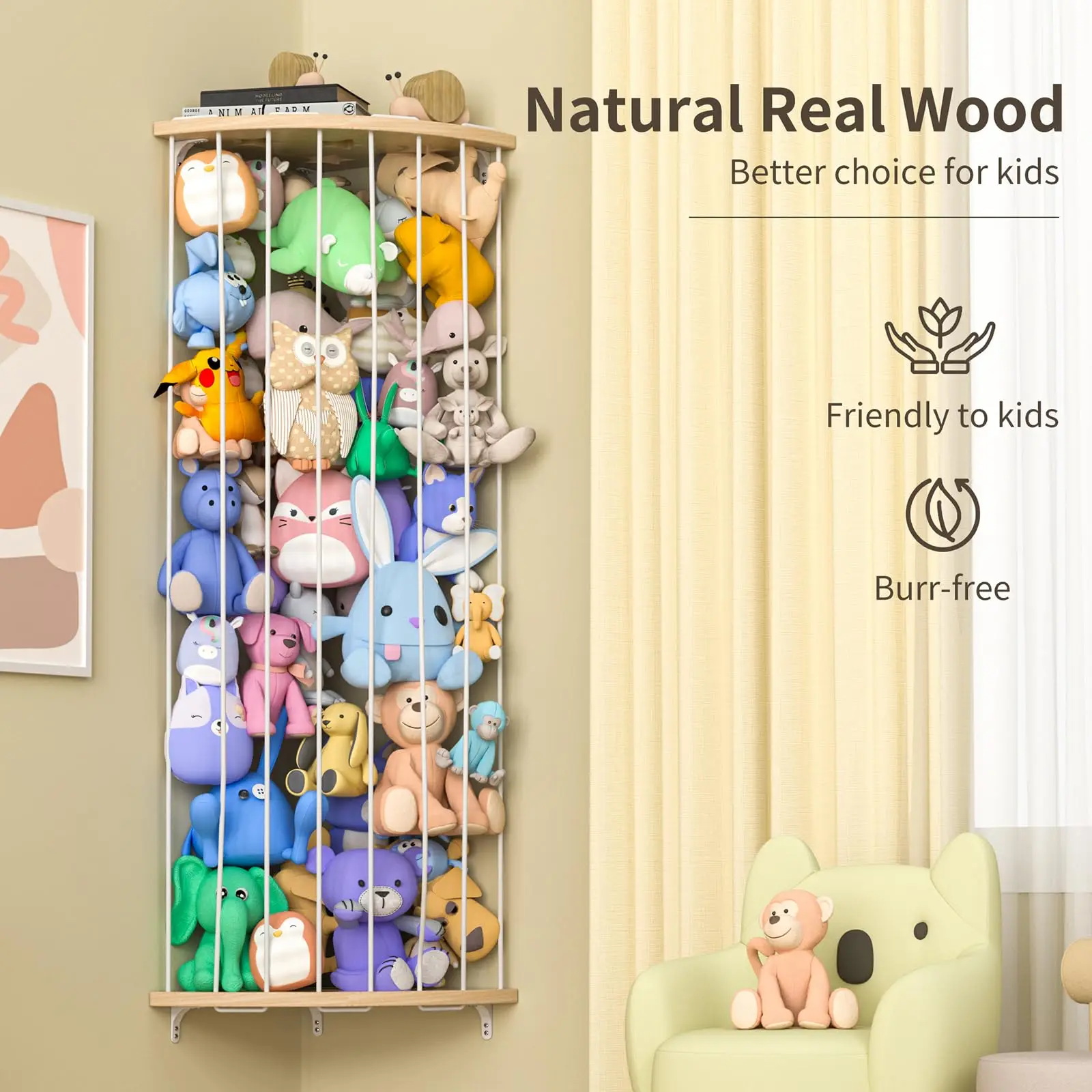 Stuffed Animal Storage Wood Corner Toys Holder for Nursery Play Room Bedroom Kids Room Furniture Stuffed Animal Organizer Shelf