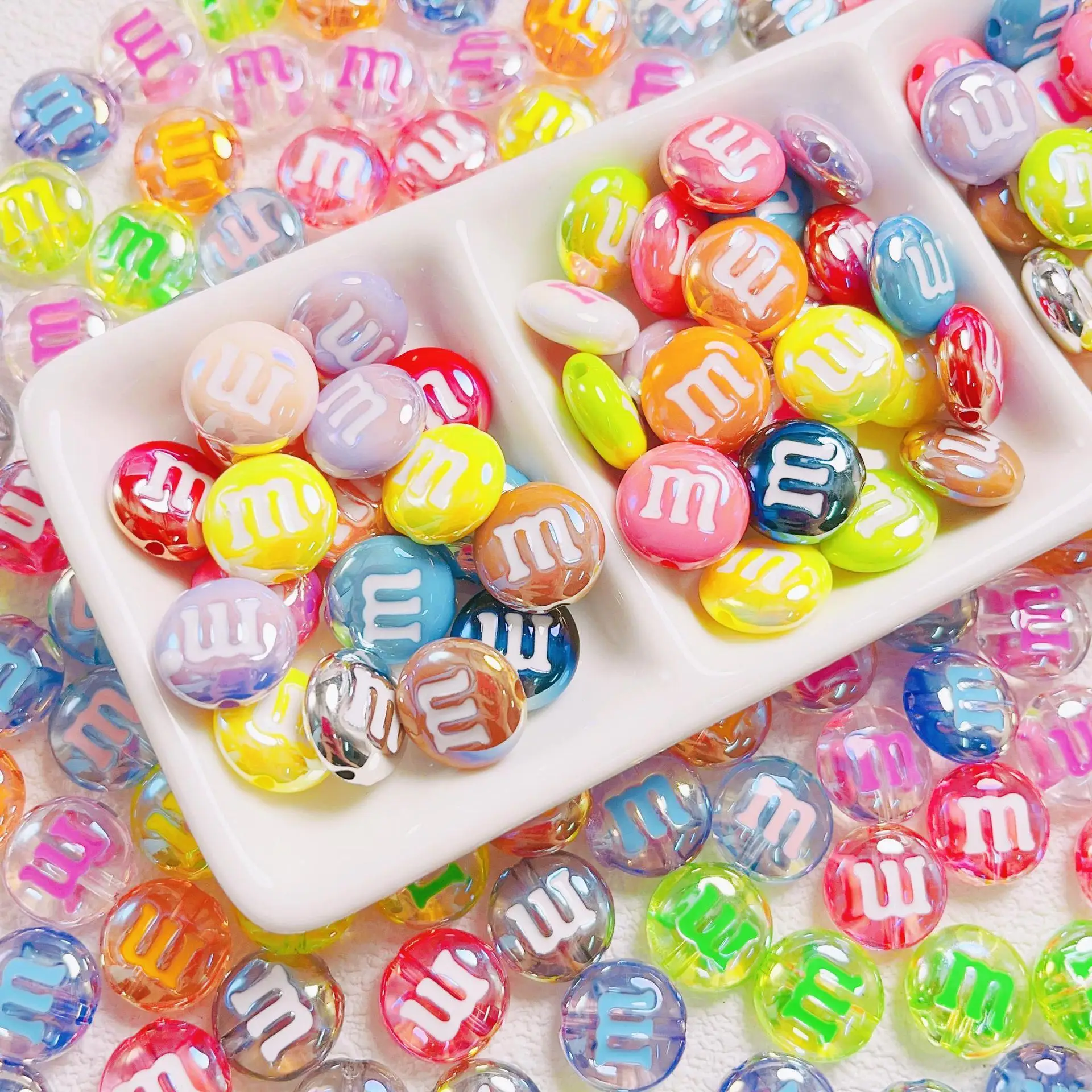 Explosive 14mm light plated rainbow M bean loose beaded diy mobile phone chain key chain material accessories