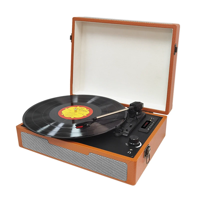 Wooden PU Leather Oem Logo Suitcase 3 Speed Gramophone Cd Player Wireless Bluetooth Portable Retro Vinyl Turntable Record Player