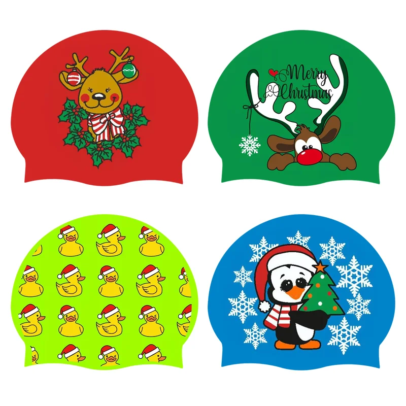 Christmas Reindeer Print Swim Cap Waterproof Swimming Hat Bathing Caps for Long and Short Hair