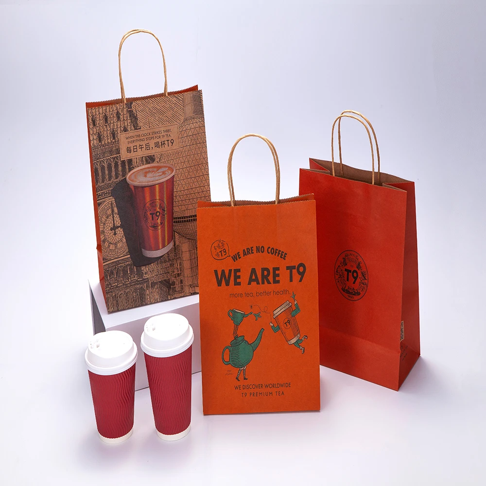 Wholesale Custom Logo Printing Drink Take Away Kraft Paper Bag Milk Bubble Tea Packing Bag