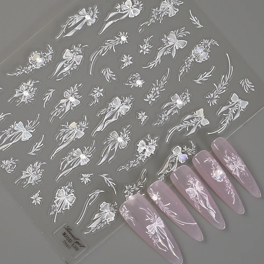 Nail supplies Custom 3D/5D French White Flower Nail stickers Embossed Adhesive DIY Warp Polish Manicure Accessories decorations