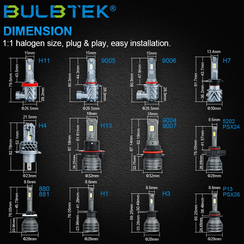BULBTEK X8 12V 130W 6000K Mini Led Foco Bombillos HB3 HB4 20000lm 9005 9006 Kit H4 H7 H11 Luces Car Fog Light Led Headlight Bulb