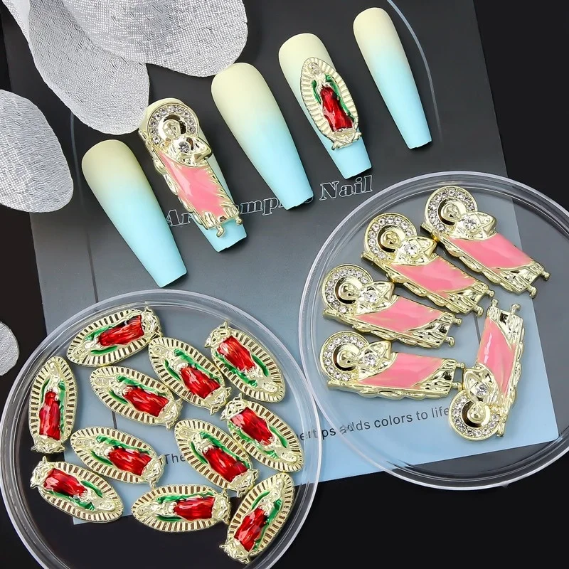 3D Nail Charms Metal Alloy Newest Painting DIY Gold Rose Gemstone Luxury Nail Decoration Virgin Mary Nail Charms