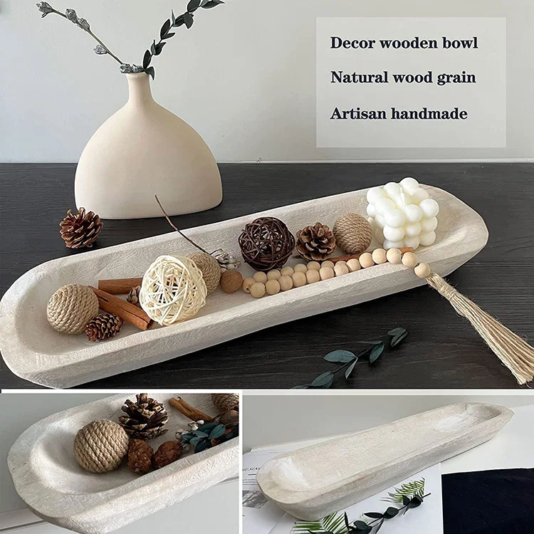 Farmhouse Rustic Decorative Hand Carved Wooden Bowls Long Paulownia Wood Bowl Vintage Wood Dough Bowl For Candles