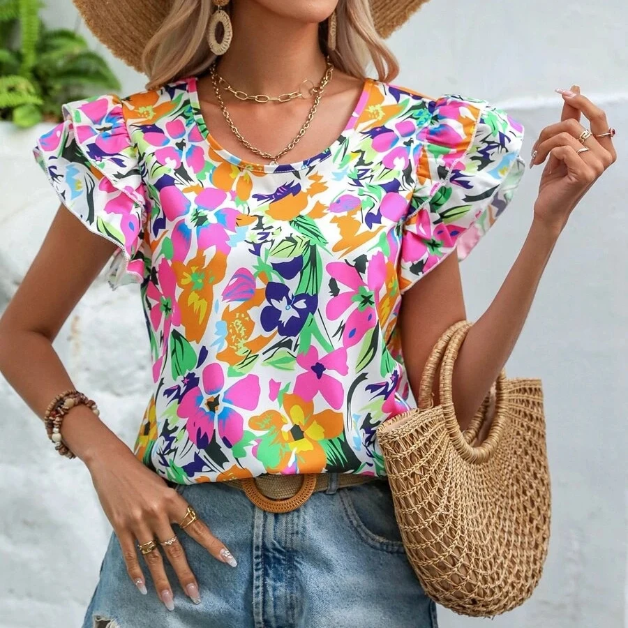 2023 Western Office Summer Vintage Printing Ladies Tops Shirts Floral Layered Sleeve Women Cute Blouse T-shirt