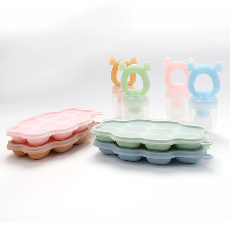 Customized Bpa Free Teether Toy  Baby Fruit Food Feeder Pacifier 10 Cavities Silicone Baby Ice Cube Tray Mold Set With Lids